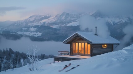 Poster - A charming wooden cabin rests in a snowy landscape as dusk falls, emitting warm light. Ski equipment lies nearby with mountains in the distance, creating a peaceful atmosphere.