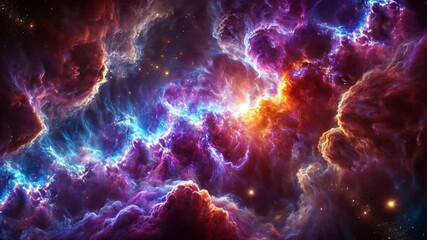 Wall Mural - Cosmic nebula with swirling clouds of purple, blue, and orange, creating a vibrant celestial scene.
