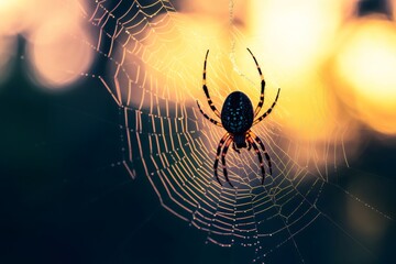 Colorful spider spinning an intricate web against a warm bokeh background, showcasing the delicate artistry of nature's design