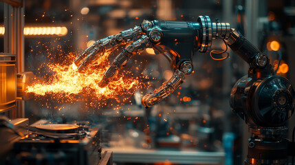 Poster - robotic arm creating sparks in dynamic industrial setting