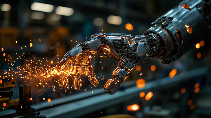 Poster - robotic arm creating sparks in workshop environment
