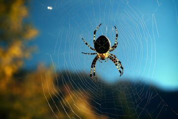 Large spider creating intricate web against a vibrant blue sky, with a blurred natural background
