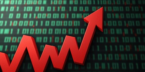 Fototapete - Red arrow indicating growth against a backdrop of binary numbers representing data and technology.