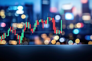 Poster - Graphical representation of stock market trends overlaid on a city skyline with blurred lights.