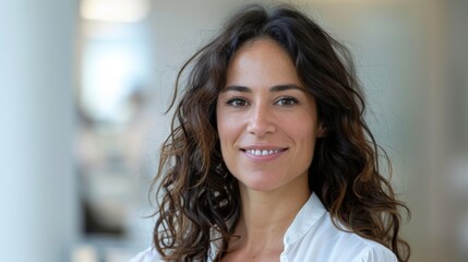 Poster - A cheerful woman with long, curly hair displays a genuine smile in a modern office environment. Sunlight filters through large windows, creating a warm atmosphere.