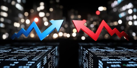 Poster - Trendy financial graphic depicting contrasting upward and downward market trends with a city backdrop.