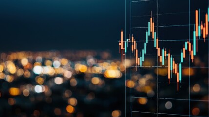 Poster - Financial graph overlaying city lights, showcasing market trends and data analytics.