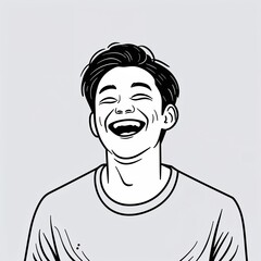 Wall Mural - Male laughing image in a simple hand drawing flat line design on plain white background