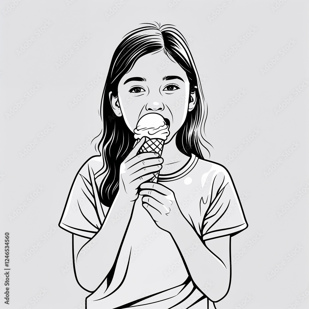 preteen-female-eating-ice-cream-image-in-a-simple-hand-drawing-flat