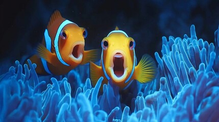 Poster - Two lively clown fish peek out from the embrace of a bright blue anemone, showcasing their unique colors and playful behavior in a stunning coral reef environment