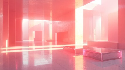 Poster - Sunlit pink minimalist architecture interior.