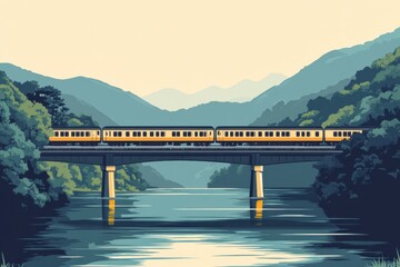 Aufkleber - Train travels across a picturesque bridge over a serene river in a mountainous landscape at sunset. Generative AI