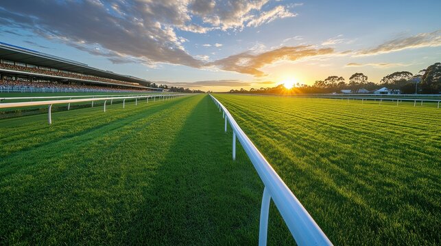 Sunset view over vacant horse racing track with lush green grass