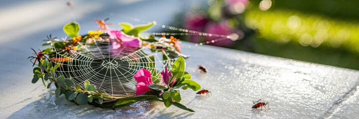 Spiderweb Wreath with Flowers Insects Nature Macro Photography
