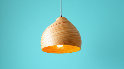 Wall Mural - modern wooden pendant light with warm glow hangs against turquoise background, creating minimalist and stylish ambiance