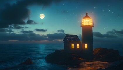Poster - Serene Coastal Nightscape Featuring a Lighthouse Illuminating the Ocean Under a Moonlit Sky with Stars Glimmering Above, Creating a Tranquil Atmosphere