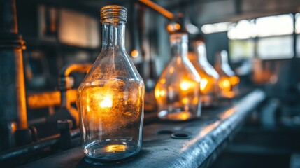 Poster - Vintage Glass Bottles on Metal Shelf with Warm Light Reflection
