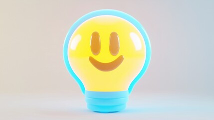 Fototapete - 3D - rendered light bulb with a prominent smiley - face design, set against a soft background, great for promoting creativity and positive vibes.