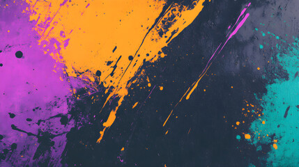 Wall Mural - Grunge background with rough texture and purple, yellow, black, green colors in a messy punk style.