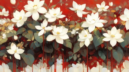 Canvas Print - White Lotus Flowers Blooming Against Red Background