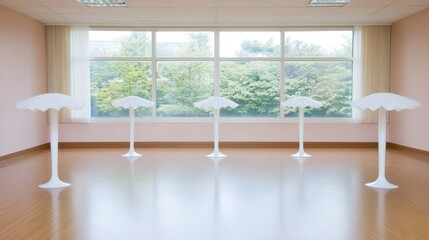 Canvas Print - White Mushroom Tables in Modern Room with Large Window