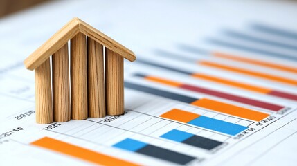 Poster - Wooden house model on financial charts; growth, investment, planning