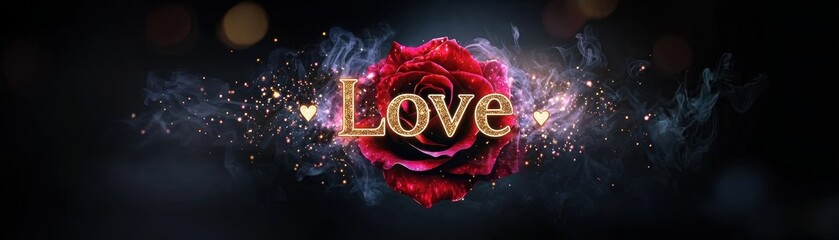 Poster - Glowing Red Rose with Dynamic Smoke and Sparkles Highlighting the Word Love in a Deep Dark Background