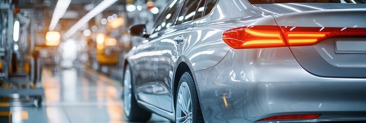 Aufkleber - Brand new silver car departing from the assembly line in a modern car factory, glowing lights reflecting off the sleek, polished paint, highlighting the advanced manufacturing process