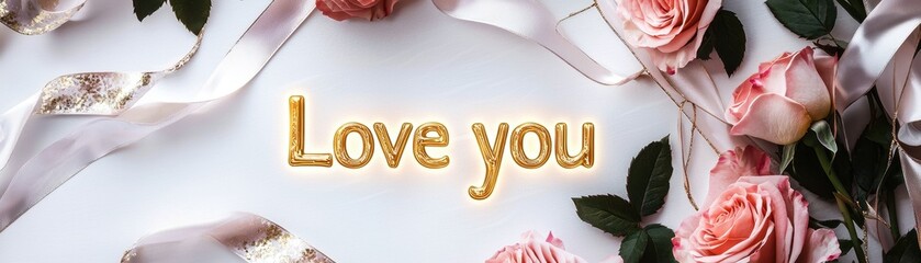 Poster - Beautiful Floral Composition with Lovely Roses and Elegant Ribbons in Soft Pastel Tones