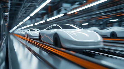 Aufkleber - Futuristic white electric vehicles are moving on an assembly line inside a brightly lit, modern car factory, representing innovative automotive manufacturing and advanced production technologies