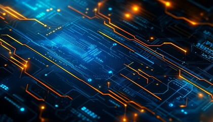Poster - Futuristic Circuit Board, Technology Background With Glowing Lines, Data Transfer, Cybersecurity