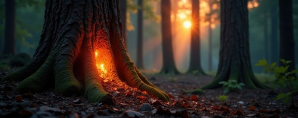 Wall Mural - glowing wooden tree trunk in a forest environment, glowing wood, warm glow