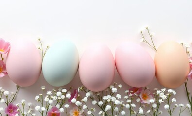 Pastel easter eggs and baby's breath flowers on white background spring holiday celebration easter border border easter spring decoration background card frame holiday