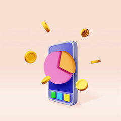 Poster - 3D growth chart pie on mobile phone. Render stock money on smartphone shows growth or success. Financial item, business investment, financial market trade. Money and banking. Vector illustration