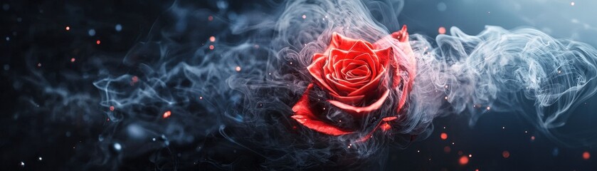 Poster - Stunning Single Red Rose Wrapped in Glowing Ethereal Smoke Against a Dark Background