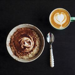 Sticker - Oatmeal with cocoa swirl and a latte with heart latte art on a dark background