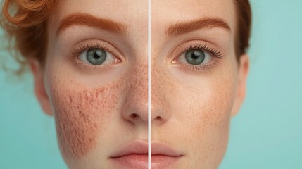 Fototapete - Split face comparison highlights the contrast between acne and glowing skin for clear skincare insights. Generative AI