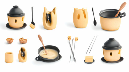 Beige fondue set pieces isolated on white.  Possible use for food presentation