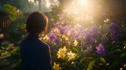 Wall Mural - Woman Contemplating Sunlit Floral Garden Landscape