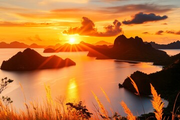 a sunset view of paradise, with warm golden hues reflecting off the ocean and silhouettes of distant