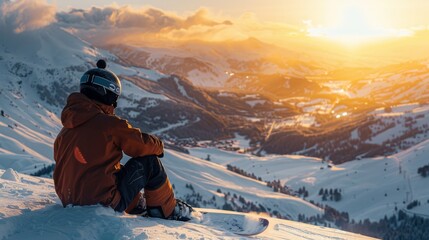Poster - A snowboarder relaxes on a snowy slope as the sun sets, casting a warm glow over expansive mountain ranges and valleys, creating a tranquil atmosphere.