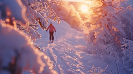Aufkleber - A skier navigates a snowy trail surrounded by frosty trees as the sun sets, casting a warm glow on the winter landscape and creating a tranquil atmosphere.