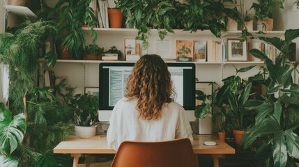 Canvas Print - Woman Working Remotely Amidst Lush Indoor Plants