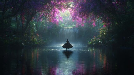 Wall Mural - WomanSilhouetteEnchantedForestWaterfallMysticalScene