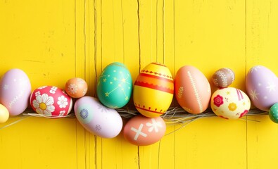 Colorful easter egg double border against a yellow wood background easter border border easter spring decoration background card frame holiday