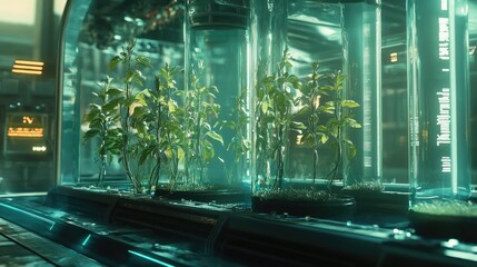 Fototapete - A futuristic scene where DNA meets nature, with plants growing in a digitally enhanced setting