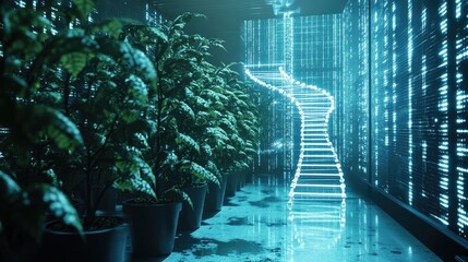 Fototapete - A futuristic scene where DNA meets nature, with plants growing in a digitally enhanced setting