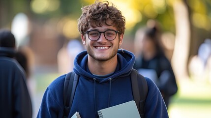 Poster - A happy young male student with notebooks, standing outside on a university campus with classmates in the background