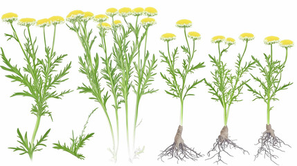 Detailed illustration of plants with roots, showing multiple plants and their roots, isolated against a white background, for educational or botanical use