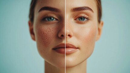 Fototapete - Split face comparison showcases acne on one side and smooth glowing skin on the other with space for text integration. Generative AI